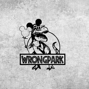 May include: Black and white illustration of a dinosaur wearing Mickey Mouse ears and sunglasses, holding a balloon. The dinosaur is standing in front of a sign that says "Wrongpark".