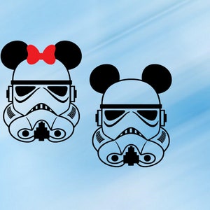 May include: Two black and white Stormtrooper helmets with Mickey Mouse ears. One helmet has a red bow on top.