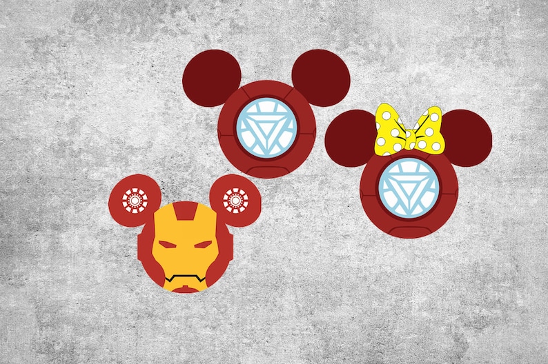 May include: Three red Mickey Mouse head silhouettes with yellow polka dot bow on one. Each silhouette has a red and silver Iron Man mask in the center.