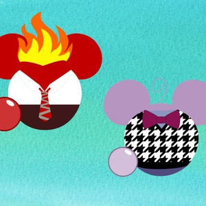 May include: Two cartoon mouse heads with different outfits and accessories. The first mouse head is red with a white shirt, a red and white striped tie, and a yellow flame on top. The second mouse head is purple with a black and white houndstooth pattern, a red bow tie, and a white bubble.