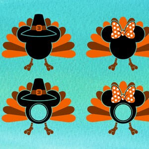 May include: Four graphic illustrations of turkeys with black silhouettes shaped like mouse ears. Two turkeys wear pilgrim hats, and two wear orange polka-dot bows. Two designs feature circular cutouts in the center, all set against a teal background.