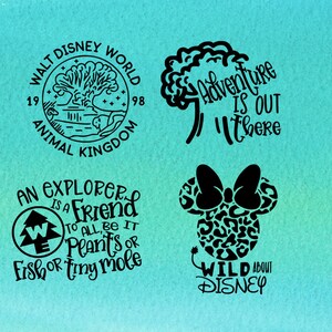 May include: Four black and white Disney-themed designs on a turquoise background. The top left design is a circle with the text "WALT DISNEY WORLD" and "ANIMAL KINGDOM" around the edge. The top right design is a tree with the text "Adventure is out there". The bottom left design is a compass with the text "An explorer is a friend to all, be it peanuts or fish or tiny mole". The bottom right design is a silhouette of Mickey Mouse's head with a bow and the text "WILD ABOUT DISNEY".