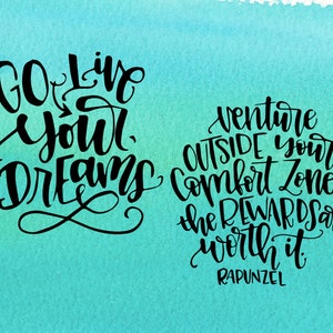 May include: Inspirational quote on a turquoise background. The quote reads "Go live your dreams. Venture outside your comfort zone. The rewards are worth it. - Rapunzel"