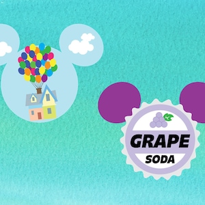 Puede incluir: Una ilustración de dibujos animados de la cabeza de Mickey Mouse con una casa y globos dentro de la oreja izquierda y una tapa de botella de soda de uva morada dentro de la oreja derecha.