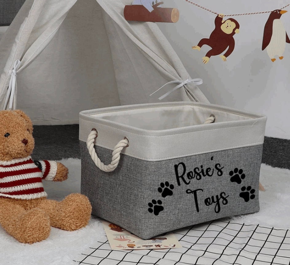 Leinen und gestickte Dog Toys Decken Organizer Aufbewahrungskorb für Pet Toys Brabtod Leinen Pet Toy und Zubehör Aufbewahrungsbehälter mit Griffen 