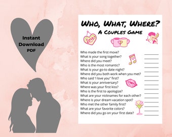 Juego de Parejas / Quién, Qué, Dónde / Actividad Romántica / Preguntas de San Valentín / Retos de Parejas / Imprimible
