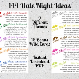 Date Night-kaarten | Willekeurige date-avond | 144 verschillende data | Themadatumideeën | Datumideeën voor koppels | Teken een date-avond | Directe download
