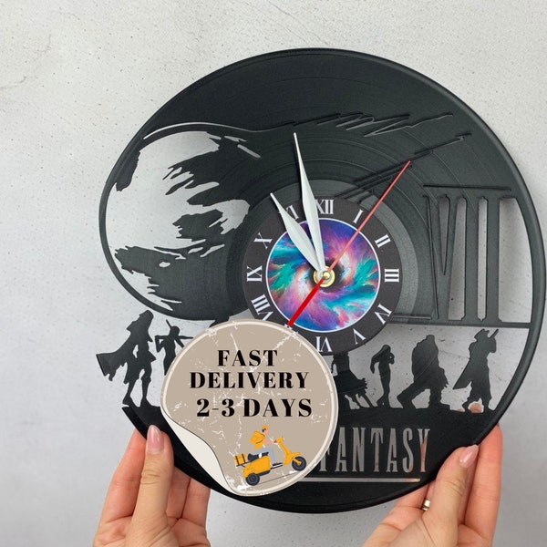 ff7 Art Horloge murale unique | Horloge en vinyle | Décoration de salle de jeux | Geek des cavernes | Cadeau pour gamer, papa, homme, lui