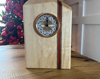 Handmade Maple Mantel Clock – Padauk & Walnut accents, Modern Wood Timepiece