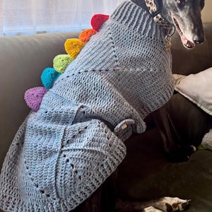 May include: A light gray crocheted dog sweater featuring a row of colorful, triangular spikes along the back. The spikes transition through the colors of the rainbow, including red, orange, yellow, green, blue, and purple. The sweater has a ribbed collar.