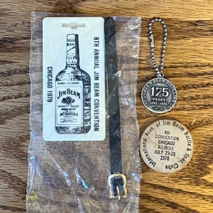 Jim Beam 8th Annual Convention Plastic Luggage Tag, Keychain & Wooden Token