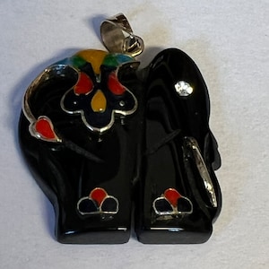 Carved Black Onyx Elephant Colorful Enamel Pendant with Jewel