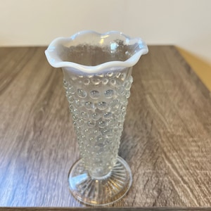 Vintage Anchor Hocking Moonstone Hobnail White Opalescent Vase Ruffled Edge 6”