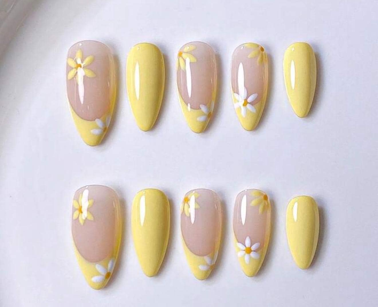 Yellow Floral Press On Nails Yellow Almond Nails, Perfect for Birthday, Vacation Or Gift For Her