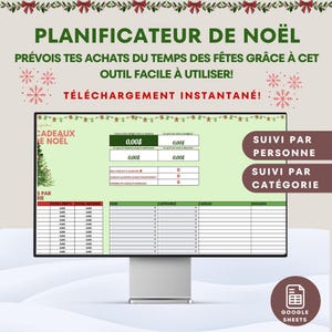 Może przedstawiać: Cyfrowy planer świąteczny wyświetlany na monitorze komputera. Planer ma zielono-białą kolorystykę z sekcjami do śledzenia wydatków i prezentów. Tekst zawiera "Planer świąteczny" i "Natychmiastowe pobieranie".