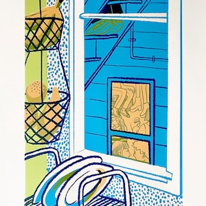May include: A blue and white illustration of a kitchen interior with a window looking out onto a scene of people. There are two hanging baskets with fruit, a dish rack with plates, and a green and yellow tiled floor.