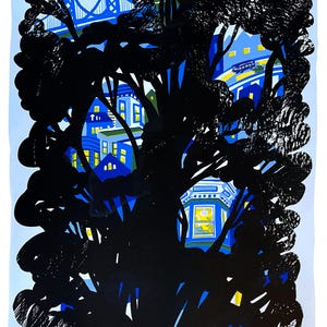 May include: An artistic print featuring a cityscape viewed through a silhouetted tree. The artwork uses a palette of blues, yellows, and black to depict buildings, a bridge, and a streetcar. The style is reminiscent of a linocut.