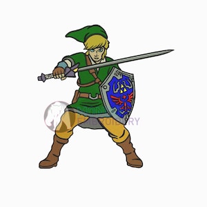 Könnte beinhalten: Eine Cartoon-Illustration von Link aus der Videospielserie The Legend of Zelda. Er trägt eine grüne Tunika, eine braune Hose und eine grüne Kappe. Er hält ein Schwert in seiner rechten Hand und einen Schild in seiner linken Hand. Der Schild ist blau mit einem roten und weißen Triforce-Symbol.