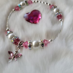 Birthstone Blessing Bracelet, Pearl and Preciosa Bicone Crystals, Silver, Dragonfly Charm