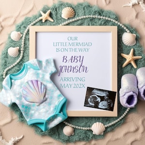 Faire-part de bébé sirène, plage, faire-part de grossesse sur le thème de l'océan, faire-part de bébé de la mer, modèle modifiable pour les réseaux sociaux