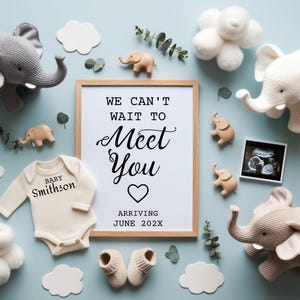 Faire-part bébé éléphant - Modèle numérique de révélation de grossesse non sexiste | Carte de visite minimaliste « Nous avons hâte de vous rencontrer »