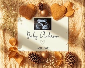Autumn Holiday Gender Neutral Pregnancy Announcement Template | Pine Cones and Ornaments Fall Baby Reveal Editable for Social Media