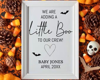 Halloween Baby Announcement | Pregnancy Reveal Template | Candy Corn, Mini Pumpkins, Skull Decorations, Spooky Fall Announcement
