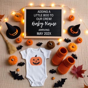Anuncio de bebé de Halloween 2025 / Un pequeño bebé está en camino / Revelación digital de embarazo de género neutro con calabazas y luces