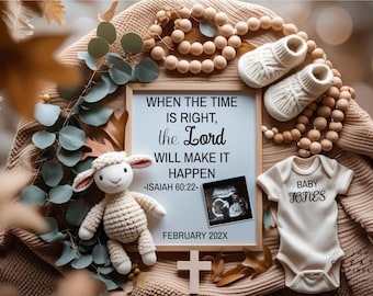 Christian Baby Announcement | Neutral Boho Style | Editable Template with Cross, Lamb, and Beads | Corjl Instant Download for Baby Reveal