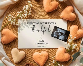 Thanksgiving Pregnancy Announcement Template | Peach & Gold Fall Baby Reveal | This Year We're Extra Thankful | Autumn Baby Reveal