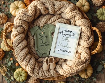 Rustic Fall Baby Announcement | Editable Flat-Lay Baby Reveal Template with Wicker Basket, Knit Romper, Pumpkins & Cozy Autumn Decor