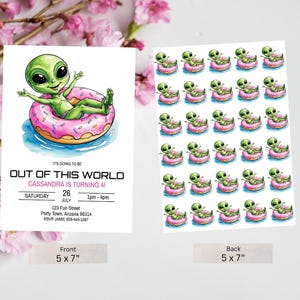 May include: A set of party invitations and stickers with an alien theme. The front of the invitation features a green alien floating on a pink donut. The text reads "Out of this World" and includes party details. The back shows multiple stickers of the alien on a donut.