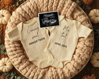 Twin Fall Baby Announcement | Editable Rustic Autumn Twin Reveal | Cozy Wicker Basket & Knitted Onesies Digital Download