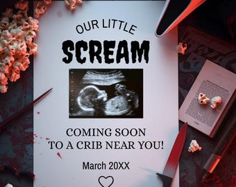 Scream-Inspired Baby Announcement | Horror Movie Pregnancy Reveal Template | Spooky Slasher-Themed Social Media Post for Scary Movie Fans