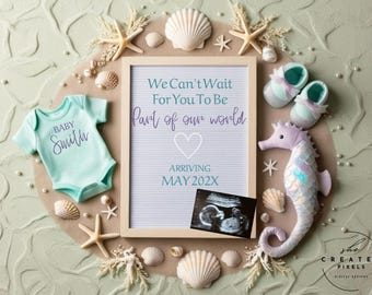 Under the Sea Baby Announcement | Mermaid Theme Pregnancy Reveal | Editable Seahorse Baby Announcement Template for Social Media