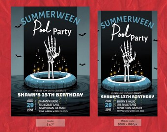 Kids Halloween Summerween Birthday Invitation – Spooky Pool Party Editable Template, Fun Halloween-in-July Digital Invite