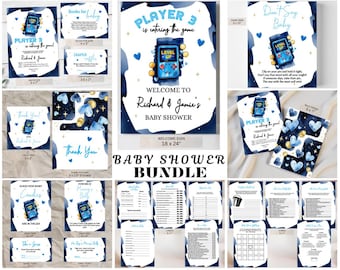Blue Gamer Baby Shower Bundle – Level Up digital download video game party set with printable invite, games & signs for gaming celebration