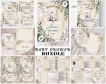 Our Little Boo Baby Shower Bundle | Elegant Ghost Halloween Invitation Suite | Welcome Sign, Games, Books for Baby & Diaper Raffle
