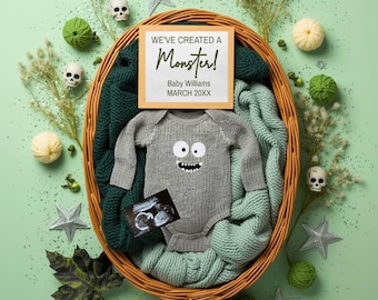 Little Monster Halloween Pregnancy Reveal Template, Editable & Printable Announcement for Social Media, Cute Spooky Baby Announcement
