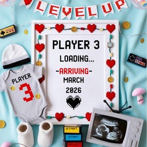 Level Up Baby Announcement – Retro Gamer - Themed Pregnancy Reveal with Pixel Hearts, Gamer Baby Reveal - Gaming Pregnancy Announcement