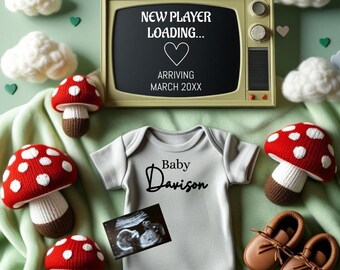 Woodland Gamer Baby Announcement | Pregnancy Reveal Template | Knitted Mushroom Flat Lay | Editable Digital Download for Social Media