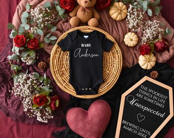 Spooky Baby Announcement – Cozy Plum & Dusty Rose Basket with Coffin | Editable Template - Gothic Baby Reveal - Halloween Announcement