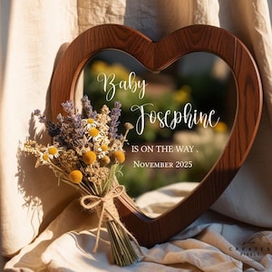 Faire-part de bébé miroir coeur rustique en téléchargement numérique - Révélation de grossesse bohème, esthétique de la ferme, faire-part de bébé modifiable