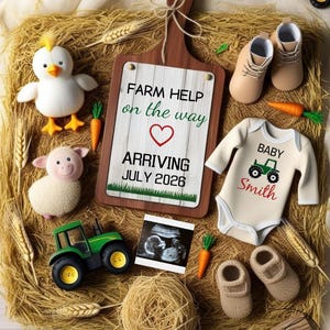 Babyaankondiging met boerderijthema | Rustieke zwangerschapsonthulling met tractor- en erfdieren | Gepersonaliseerde boerderijbaby-onthullingssjabloon