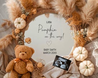 Little Pumpkin on the Way – Fall Neutral Digital Pregnancy Announcement Template | Autumn Baby Reveal | Ultrasound Photo Social Media Post