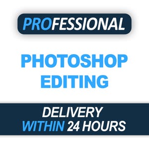 K&ouml;nnte beinhalten: Ein Grafikdesign mit dem Text PROFESSIONAL in Hellblau auf einem dunkelblauen, abgerundeten rechteckigen Hintergrund, gefolgt von den W&ouml;rtern PHOTOSHOP EDITING in Hellblau und einem dunkelblauen Balken mit dem Text DELIVERY WITHIN 24 HOURS in Wei&szlig;.