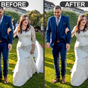 May include: A wedding photo shows a smiling couple walking on a green lawn. The person on the left wears a navy blue suit with a patterned tie. The person on the right wears a white lace wedding dress. The background includes greenery and other wedding guests.