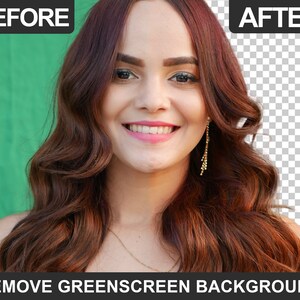May include: A woman with long, wavy, auburn hair is smiling. She is wearing a gold necklace and gold earrings. The background is a green screen.