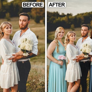 May include: A before and after image of a group of people. The "before" image shows a couple, the "after" image shows the couple with two additional people. The people are standing outside in front of a lake and trees. The text "BEFORE" and "AFTER" are at the top.
