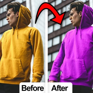 K&ouml;nnte beinhalten: Ein geteilter Bildschirmvergleich zeigt einen lang&auml;rmeligen Kapuzenpullover mit einer K&auml;ngurutasche und einer Kapuze mit Kordelzug. Die linke Seite zeigt das Kleidungsst&uuml;ck in Senfgelb, w&auml;hrend die rechte Seite dasselbe Sweatshirt in leuchtendem Lila zeigt.